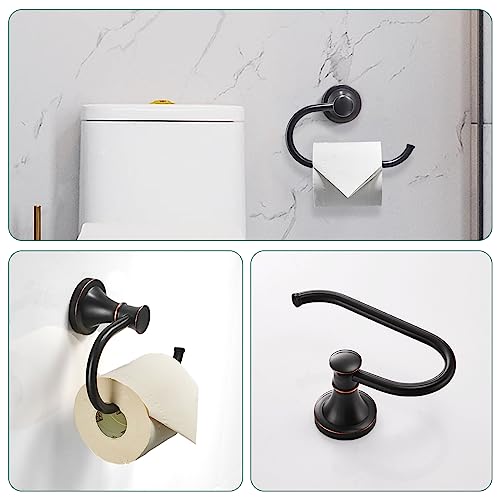 Oil Rubbed Bronze Bathroom Accessory Set - 4-Piece Wall Mount Hardware with Towel Bar, Ring, Hooks & Toilet Paper Holder - Modern Design