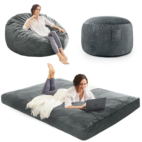 Adult Charcoal Bean Bag Chair Bed - Convertible Floor Sofa with Support & Soft Cover