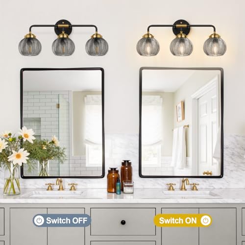 Bathroom Vanity Light Fixture 3-Light Smoke Gray Glass Leaf Texture Modern Black & Gold