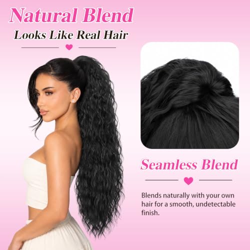 26 Inch Black Curly Wave Clip-In Ponytail Hair Extensions - Comfortable & Secure