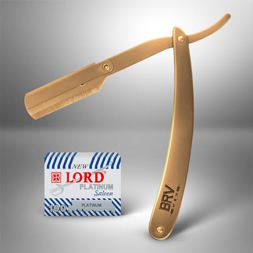 BRV Men Titanium Bronze Straight Razor Kit with Single Edge Blades - Professional Barber Shaving Tool
