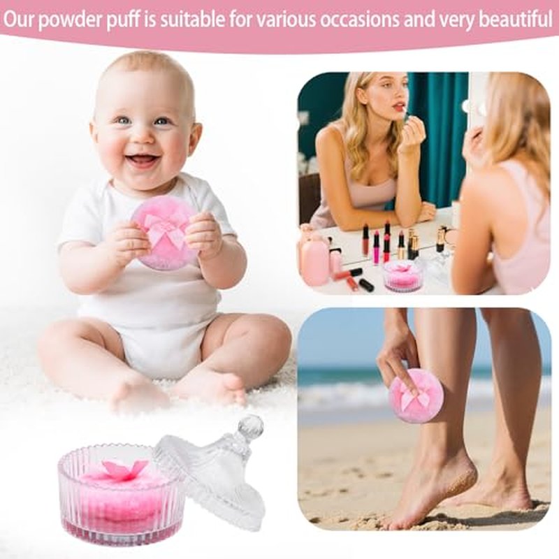 Large Body Powder Puff and Container Set - 2 Soft Washable Velour Puffs with Crystal Glass Storage Box, Reusable for Face Body Shimmer Powder, Dry Wet Makeup Application (Transparent)