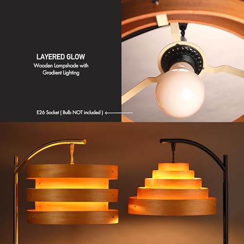 O’Bright Strata Wooden Floor Lamp - Mid Century Modern Standing Lamp with Layered Horizon Shade - Black & Light Oak