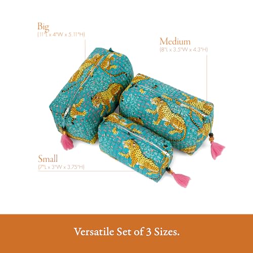 Saffron Marigold Handmade Quilted Cotton Makeup Bag Set of 3 Turquoise Cheetah Trails