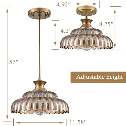 Vintage Amber Glass Pendant Light with Adjustable Brass Chain - Floral Design