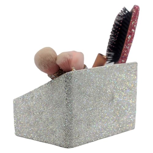 Luxury Bling Rhinestone Multi-functional Organizer Storage? Large Capacity makeup Brushes Lipsticks Storage Box with Compartments for Living Room. Bedroom and office (Siver)