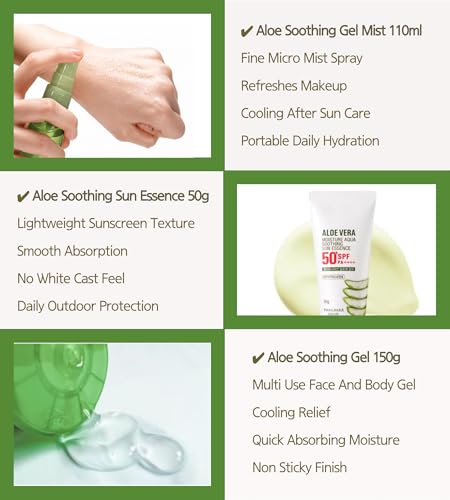 Aloe Vera Skincare Set with Soothing Gel, Facial Mist & SPF50+ Sunscreen – Hydrating Travel Kit