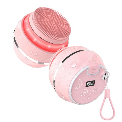 Pink Waterproof Silicone Facial Cleansing Brush with 6 Modes & 3 Light Effects - Rechargeable Deep Clean Scrubber for Women and Men