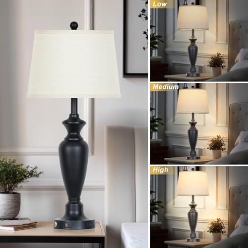30-Inch Tall Set of 2 Black Touch Control Bedside Lamps with USB Ports & Outlets