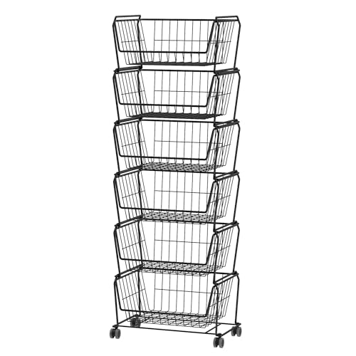 PUSDON Matte Black 6-Tier Stackable Wire Storage Cart with Lockable Wheels