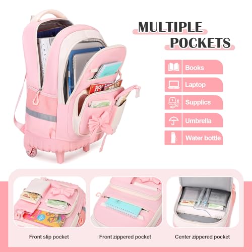 Girls Rolling Backpack with Wheels - Beige Pink School Bag Set with Lunch & Pencil Case
