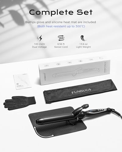 1.25in Double Ceramic Curling Iron by Funbugs – 8in Barrel, 5 Heat Settings, Auto Shut-Off