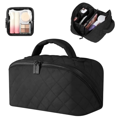 Makeup Bag for Women, Wide Open Lay-Flat Water-Resistant Cosmetic Case, Festivalment Makeup Bag, Spacious 180¡Æ Open Cosmetic Organizer for Toiletries & Brushes Large Capacity with Compartments (Black)