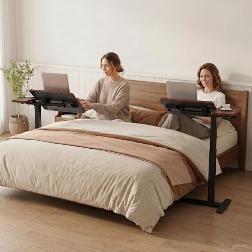 GTPLAYER Walnut Pneumatic Adjustable Standing Desk with Wheels - 28 Inch Tiltable Mobile Laptop Table for Home Office or Bedside