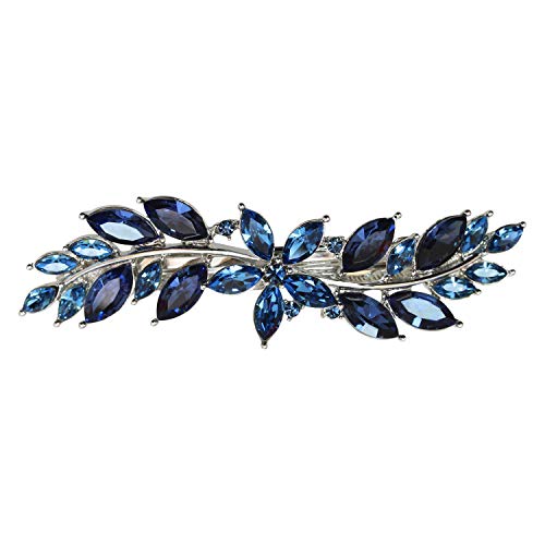 Navy Blue Small Floral Hair Barrette Clip with Rhinestones - Bridal & Party Accessory