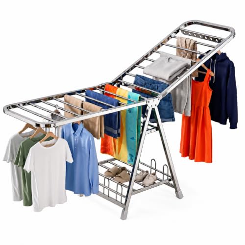 Heavy Duty Stainless Steel Clothes Drying Rack - 71 Inch Foldable Laundry Organizer with Wheels