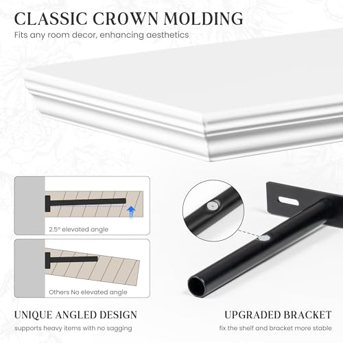 White 32-Inch Set of 2 Floating Shelves with Crown Molding - Rustic Wall Decor