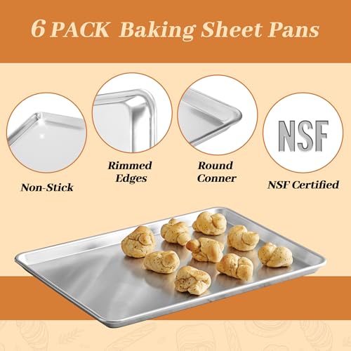 Full Size Aluminum Baking Sheets 26x18 Inch 6 Pack - Oven Safe & Non-Stick