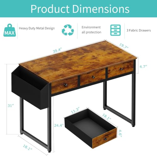Lufeiya Rustic Brown 39.4 Inch Desk with 3 Fabric Storage Drawers for Bedroom & Home Office