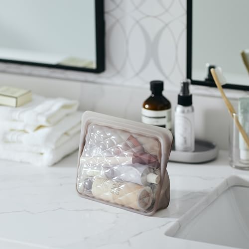 Stasher Silicone Reusable Makeup Bags, 3-Pack, Travel Essentials, Makeup Bag Organizer, Dishwasher & Heat Safe, TSA Friendly Toiletry Bags, Waterproof Bag, BPA Free, Leak-free, Eco Friendly, Taupe