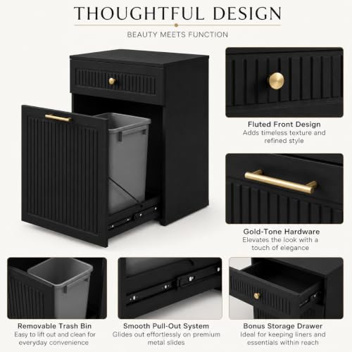 Black 13 Gallon Pull-Out Trash Can Cabinet with Drawer - Space Saver Kitchen Organizer
