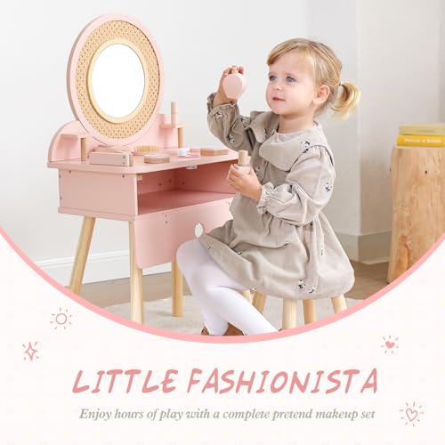 OOOK Toddler Vanity Set with 11 Accessories - Kids Dressing Table & Chair, Play & Learning Toy