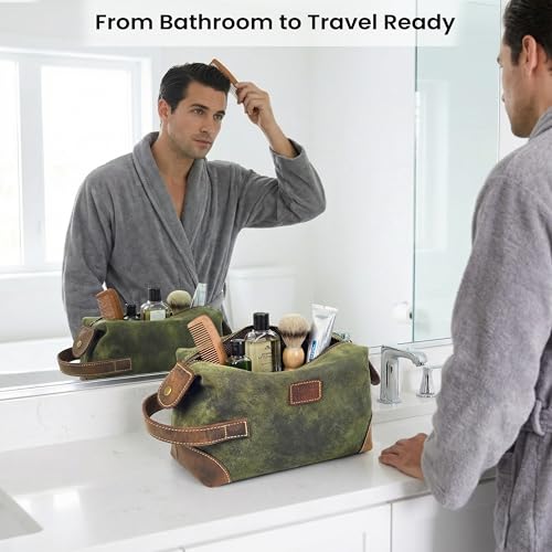 LEATHER VILLAGE Genuine Leather Dopp Kit for Men & Women ? Travel Vintage Toiletry Bag with Waterproof Lining, Shaving & Bathroom Essentials Organizer - Green