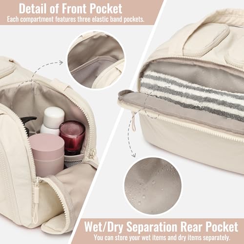 White Large Quilted Travel Toiletry Bag with Water-Resistant PVC & Mesh Pockets