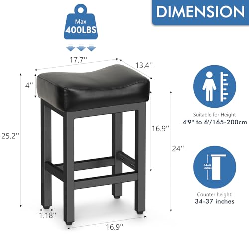 Raynesys 24 Inch Bonded Leather Counter Height Bar Stools Set of 2 - All Black, Ergonomic Saddle Seat