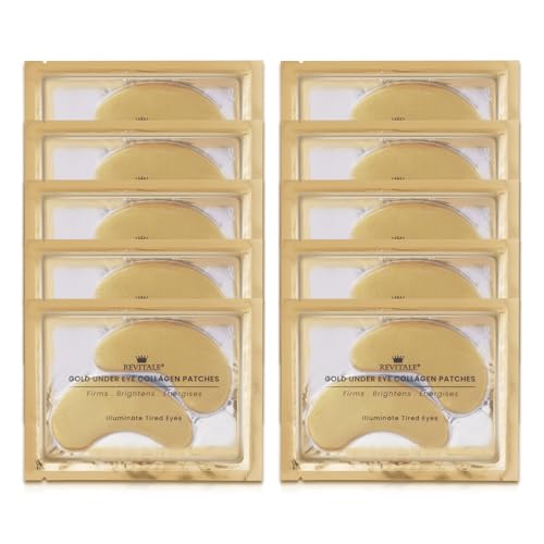 REVITALE 24k Gold Under Eye Collagen Patches, Reduce Puffy Eyes & Dark Circles, Illuminate Tired Eye Masks - Firms, Brightens, Energises (Packets - 10 Pair)