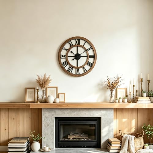 Brown 24-Inch Rustic Wooden Wall Clock with Roman Numerals - Farmhouse Decor