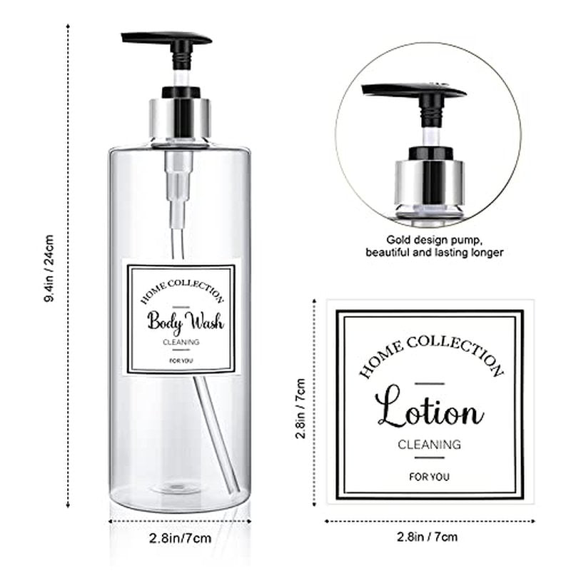 Marsui 3 Pcs Clear Soap Dispenser Set 25 oz Plastic Pump Bottles Dispenser with 6 Label Sticker Kitchen Bathroom Refillable Liquid Dispensers for Lotion Body Wash Hand Dish Soap(Black and Silver)