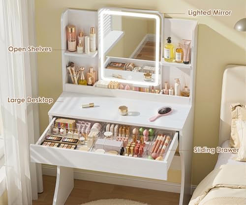 White Small Vanity Desk with Mirror & Dimmable LED Lights - B-White