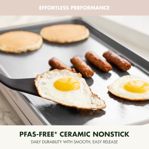 Electric Griddle 10.5x20 Inch with Warming Drawer - Ceramic Nonstick, PFAS-Free, Adjustable Temperature, Dishwasher Safe, Clay