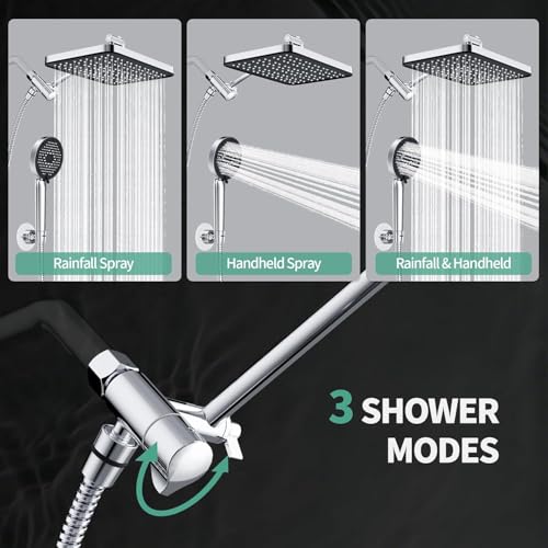 Rain Shower Head with Handheld Combo - High Pressure, 9 Spray Modes, Filtered Handheld & Adjustable Arm