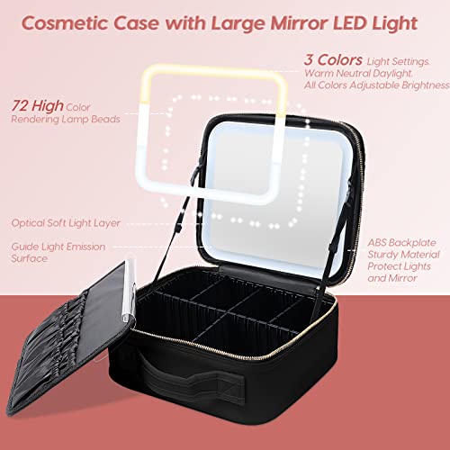 Gdsshuhung Black Makeup Bag with Mirror & LED Light - Travel Cosmetic Organizer