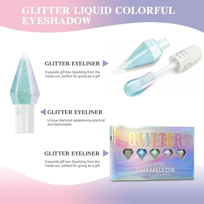 6 Pcs Liquid Glitter Eyeshadow Set Colorful Eyeliner with Long-Lasting and Waterproof Shinning Eye Shadow Gift for Women Eye Makeup(Diamond C)
