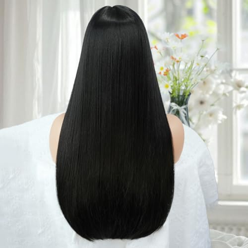 Black Long Straight Wig with Bangs 24 Inch Heat-Resistant Synthetic Cosplay & Party Wig - Black