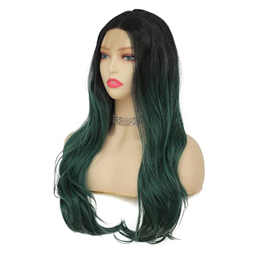 Green Curly Wigs for Women - Long Natural Wavy Ombre Synthetic Hair - Lace Front, Green-Lace Front
