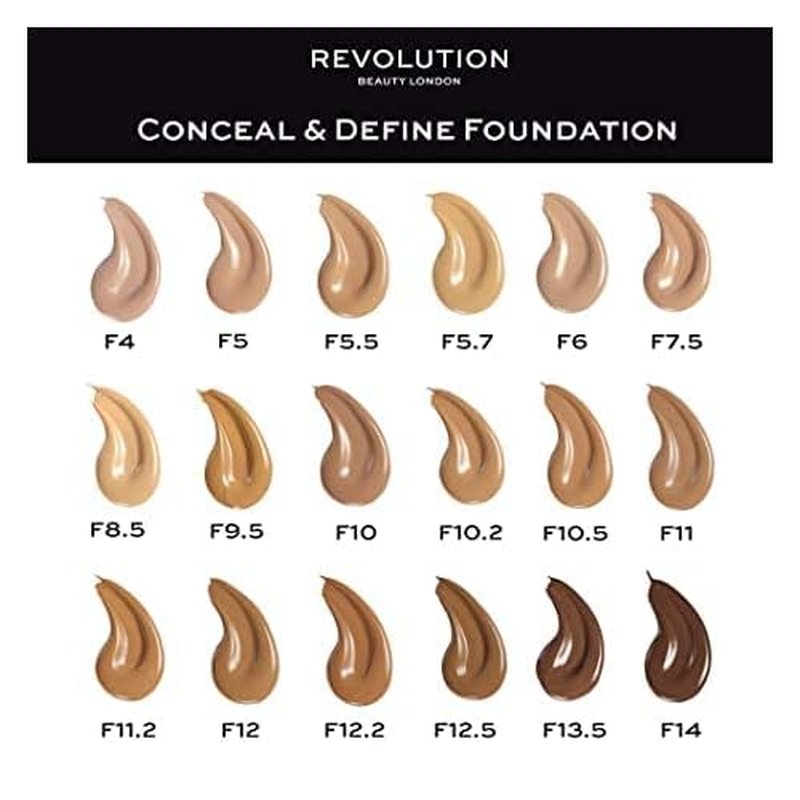 Makeup Revolution Conceal & Define Foundation, Cream Foundation Makeup, Full Coverage, For Medium Skin Tones, Vegan & Cruelty-Free, F10, 23ml