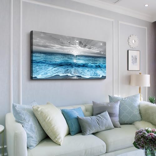 Large Canvas Wall Art - Blue Sea Wave Ocean Painting 24x48 Inch for Living Room Bedroom Office Decor - Variation of THIS listing