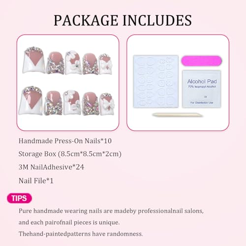 Handmade Press on Nails Rhinestone French Tip Fake Nails Muti-Layer Gel Short Duck False Nail with Luxury 3D White Flower Bow Design Full Cover Thicked Acrylic Nail Stick on Nail for Women (S)