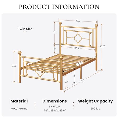 Gold Twin Metal Platform Bed Frame with Headboard - Noise-Free, Easy Assembly