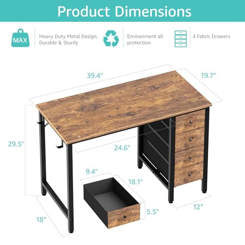 Lufeiya 39.4-Inch Rustic Brown Small Computer Desk with 4 Fabric Drawers, Reversible Kids & Home Office Workspace