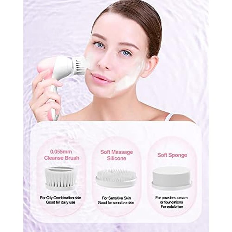 Electric Facial Cleansing Brush for Women, 3-in-1 Face Cleanser and Exfoliator Brush with 3 Brush Heads, 2 Speeds, Waterproof Spin Brush, Travel Size Case, Perfect for Valentine's Day (Pink)