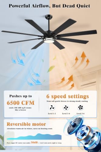 Black 65 Inch Ceiling Fan with Light, 6 Speeds, 3 CCT & Metal Downrod - Large Room Fan