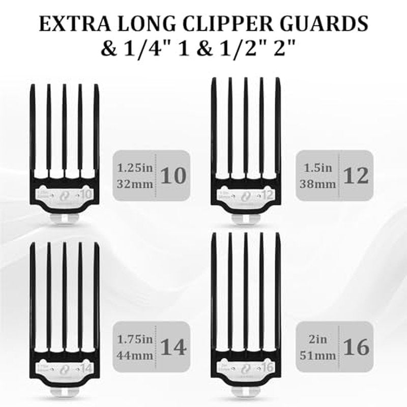 Clipper Guards Set with Metal Clip, Hair Clipper Attachment for Wahl Clippers, 4 Cutting Lengths 1.25 Inch, 1.5 Inch, 1.75 Inch, 2 Inch, Extra Long 10 12 14 16 Guard, Black