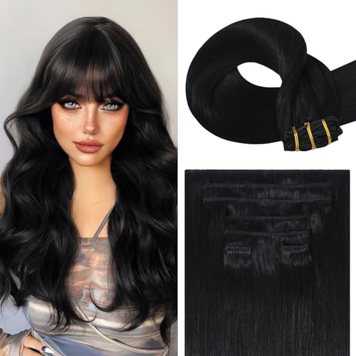 Clip-In Hair Extensions 12 Inches 7 Pieces - Jet Black Human Hair, Soft & Natural