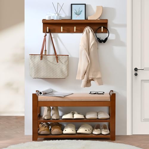 Brown 28-Inch Shoe Rack Entryway Bench with Coat Hooks - Natural Bamboo