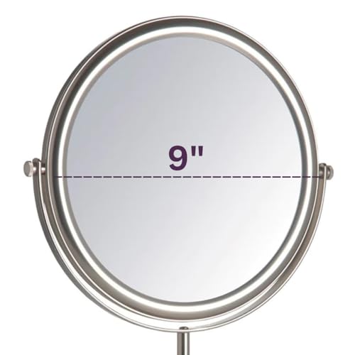 JERDON Two-Sided Tabletop Makeup Vanity Mirror - 5X-1X Magnification & Swivel Design - 9-Inch Diameter Mirror with Adjustable Height - Nickel Finish - Model JP4045N